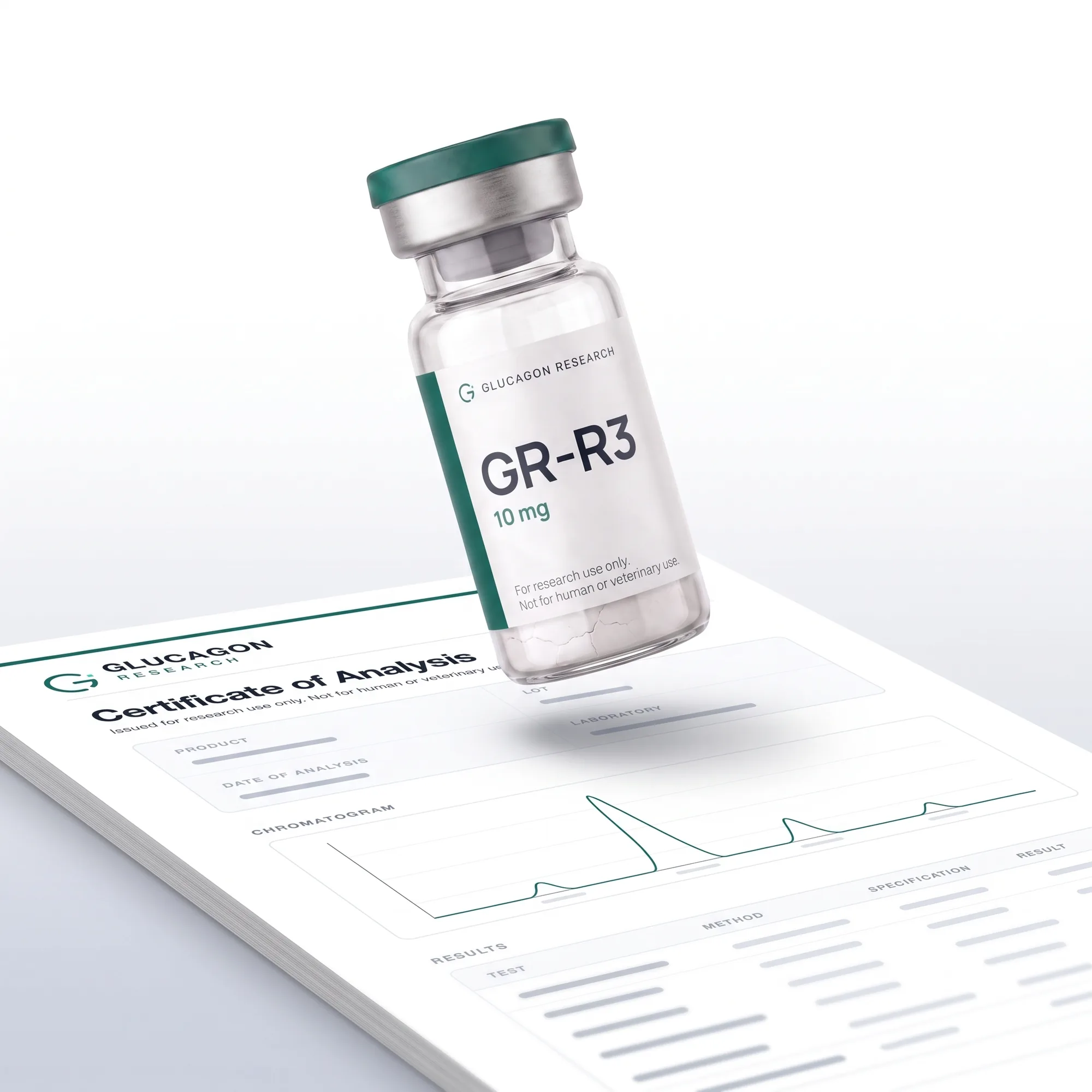 GR-R3 tilted above a certificate of analysis