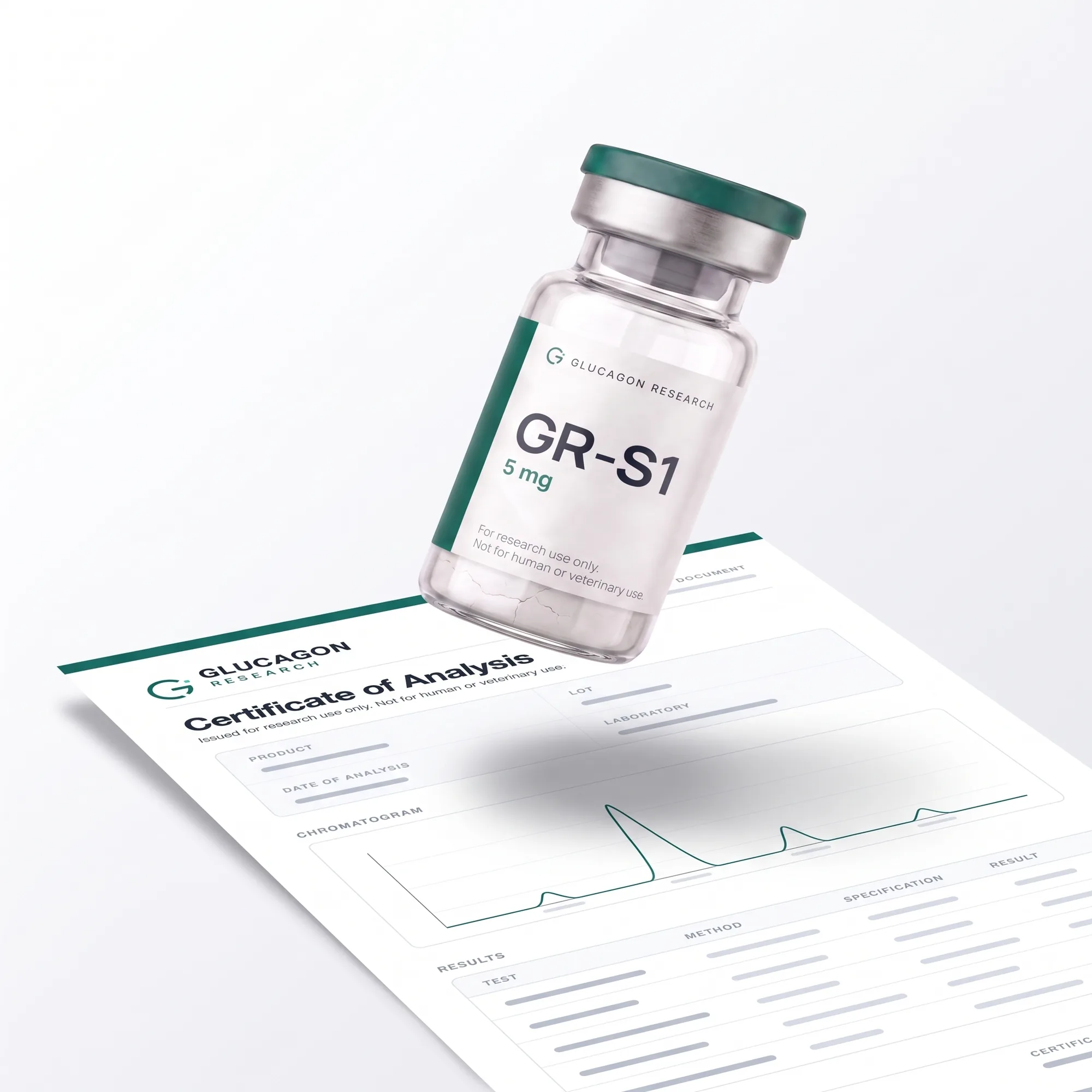GR-S1 tilted above a certificate of analysis