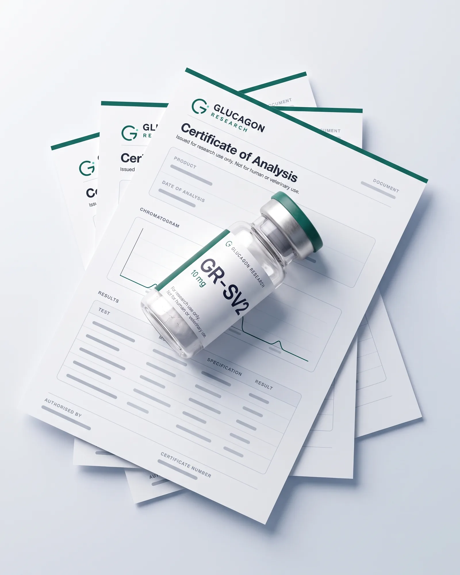 A Glucagon Research vial lying on a fan of Certificates of Analysis