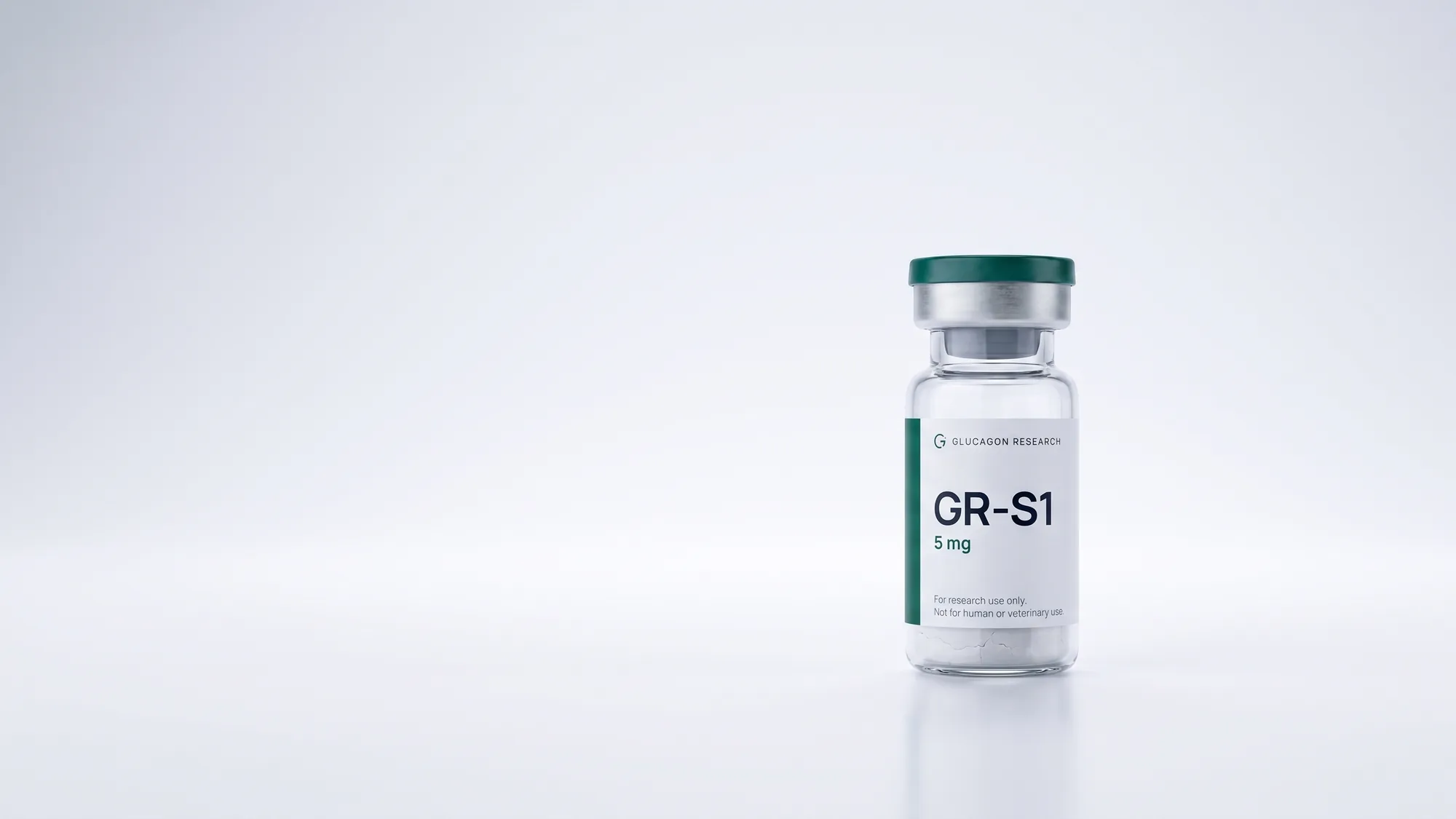 A single sealed Glucagon Research vial standing alone on white