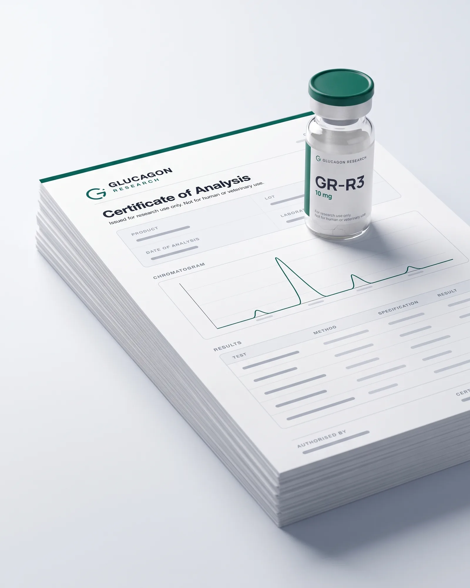 A Glucagon Research vial standing on a stack of Certificates of Analysis