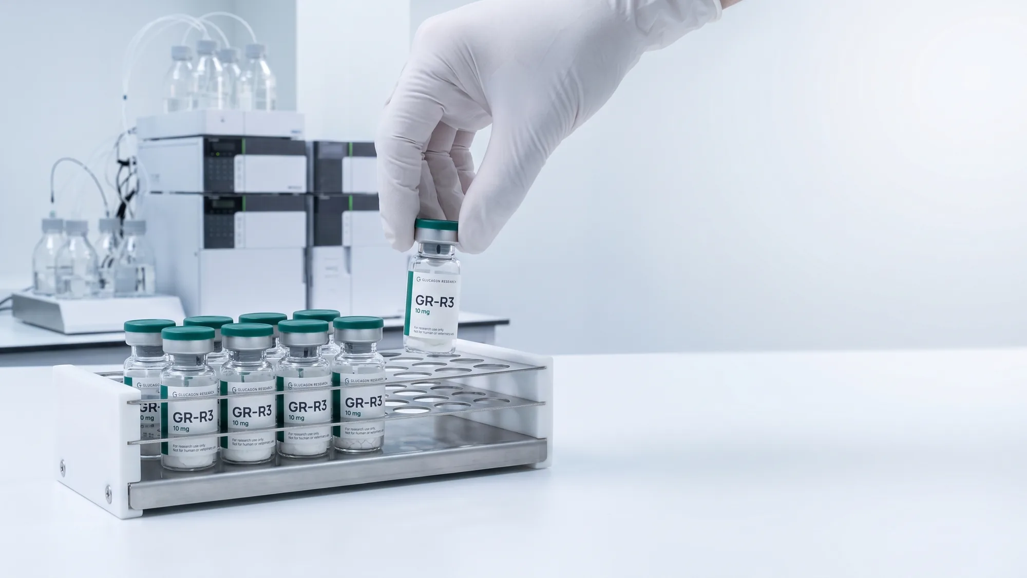 A gloved hand placing a Glucagon Research vial into a rack beside an HPLC instrument