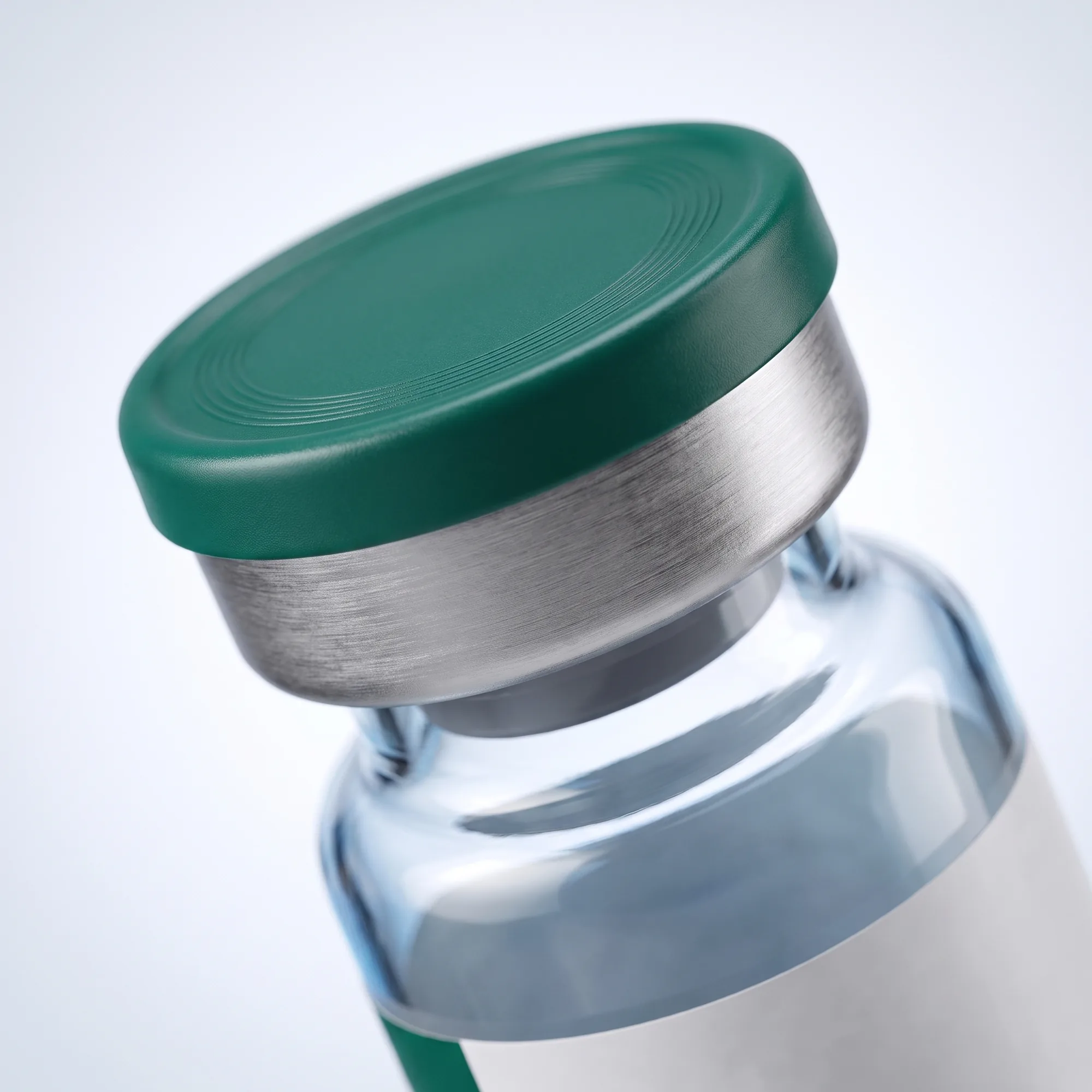 Close-up of the emerald cap and crimp seal of a Glucagon Research vial