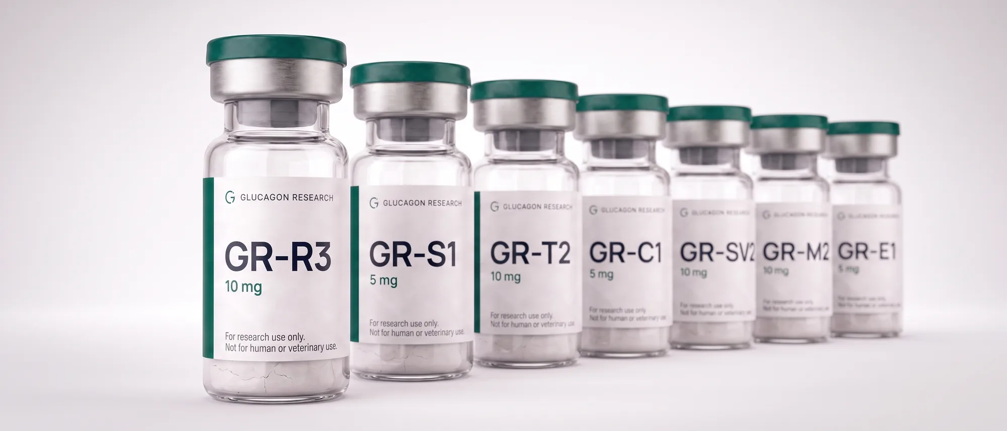 The seven Glucagon Research vials in a tight cluster, the front vial in focus