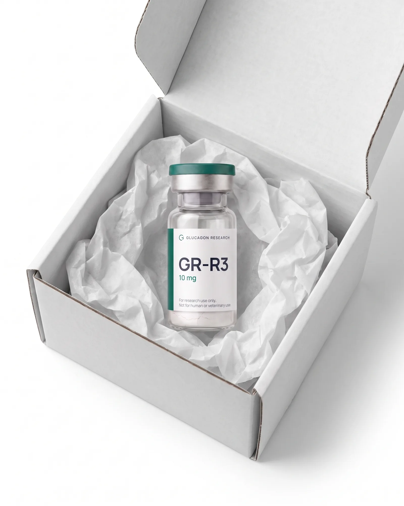 A Glucagon Research vial packed in a plain white shipper