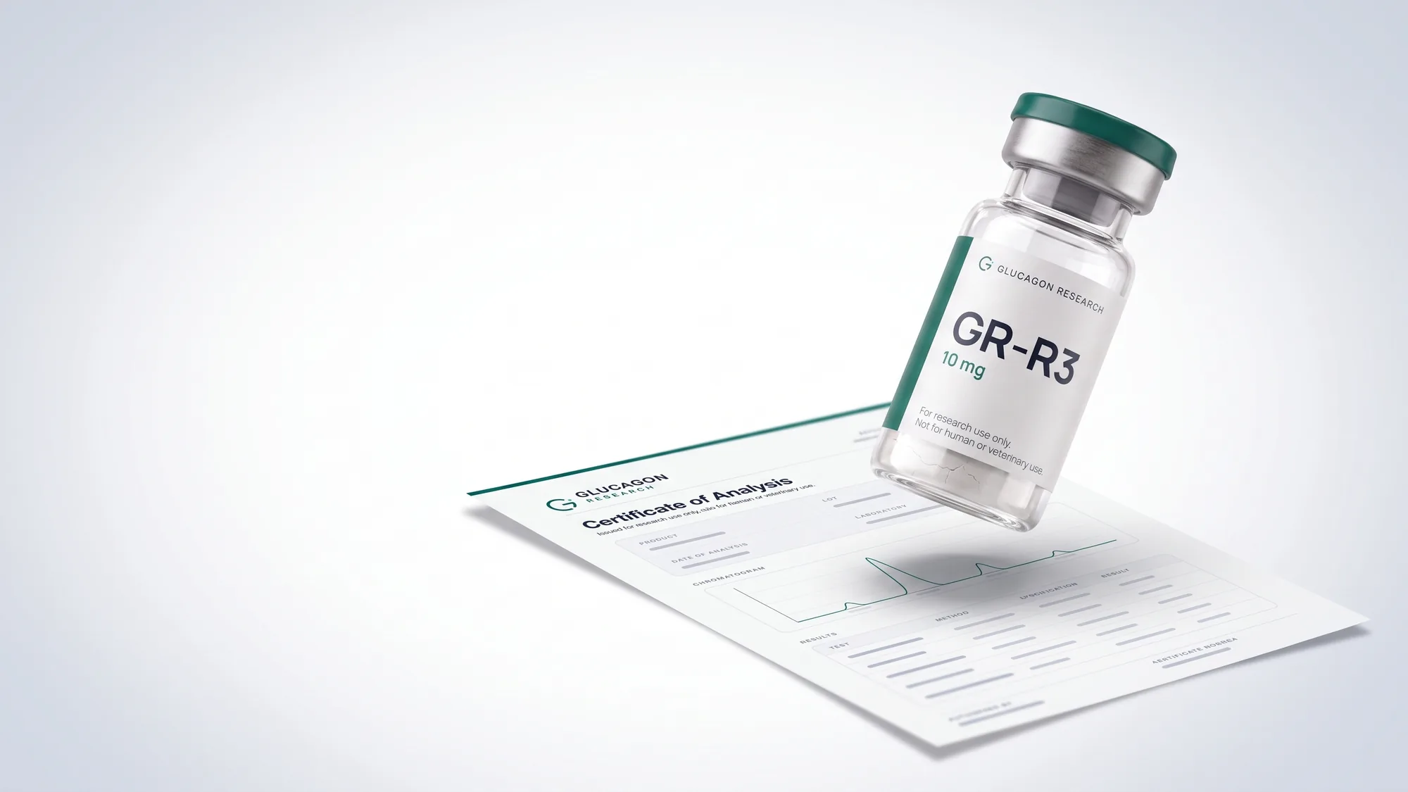 A Glucagon Research vial tilted in mid-air above a Certificate of Analysis